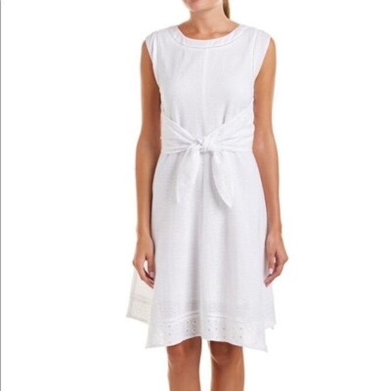 Nwt Cabi Lizzie White Eyelet Cotton Midi Dress Size 8 Tie Waist A-Line Summer